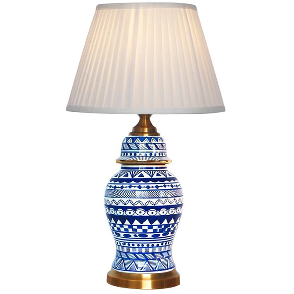 SANBDDLYY Vintage Blue and White Porcelain Table Lamp - Hand-Painted Ceramic Desk Pleated Fabric Shade for Bedroom and Living Room