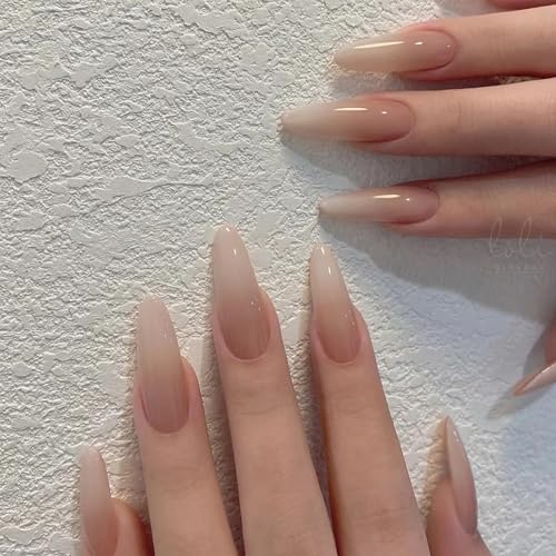 Soft Nude Gradient Press-On Nails – 24 Long Almond Nails, 12 Size...
