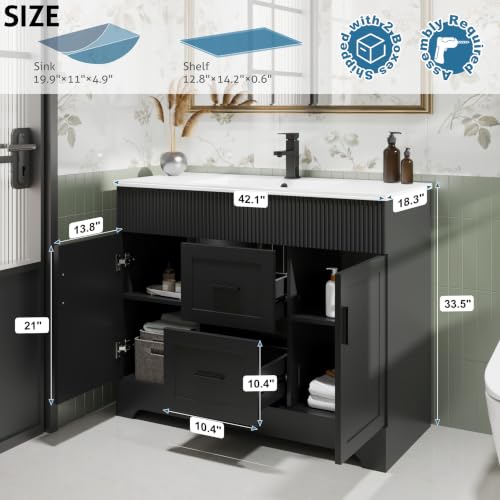 Image of eclife 42 inch Bathroom Vanities Sink Combo with Painted Surface, Modern Drawered Cabinet W /Decorative Wave Lines, Undermount Single White Sink, Matte Black Faucet Drain, Black