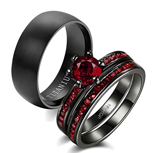 wedding ring set Two Rings His Hers Couples Matching Rings Women's 2pc Black Gold Filled Red CZ Wedding Engagement Ring Bridal Sets Men's Titanium Wedding Band