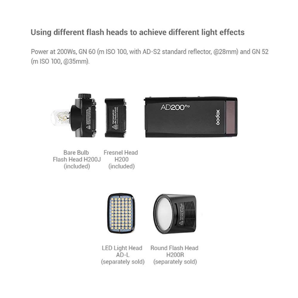Godox AD200 Pro Version Flash Flash, 200 WS 2,4 G Flash 1/8000 HSS, 500 Full Power, 0,01-2,1 s Recyclage, Batterie 2900 mAh, Ampoule Flash/Speedlite Fresnel Flash Head