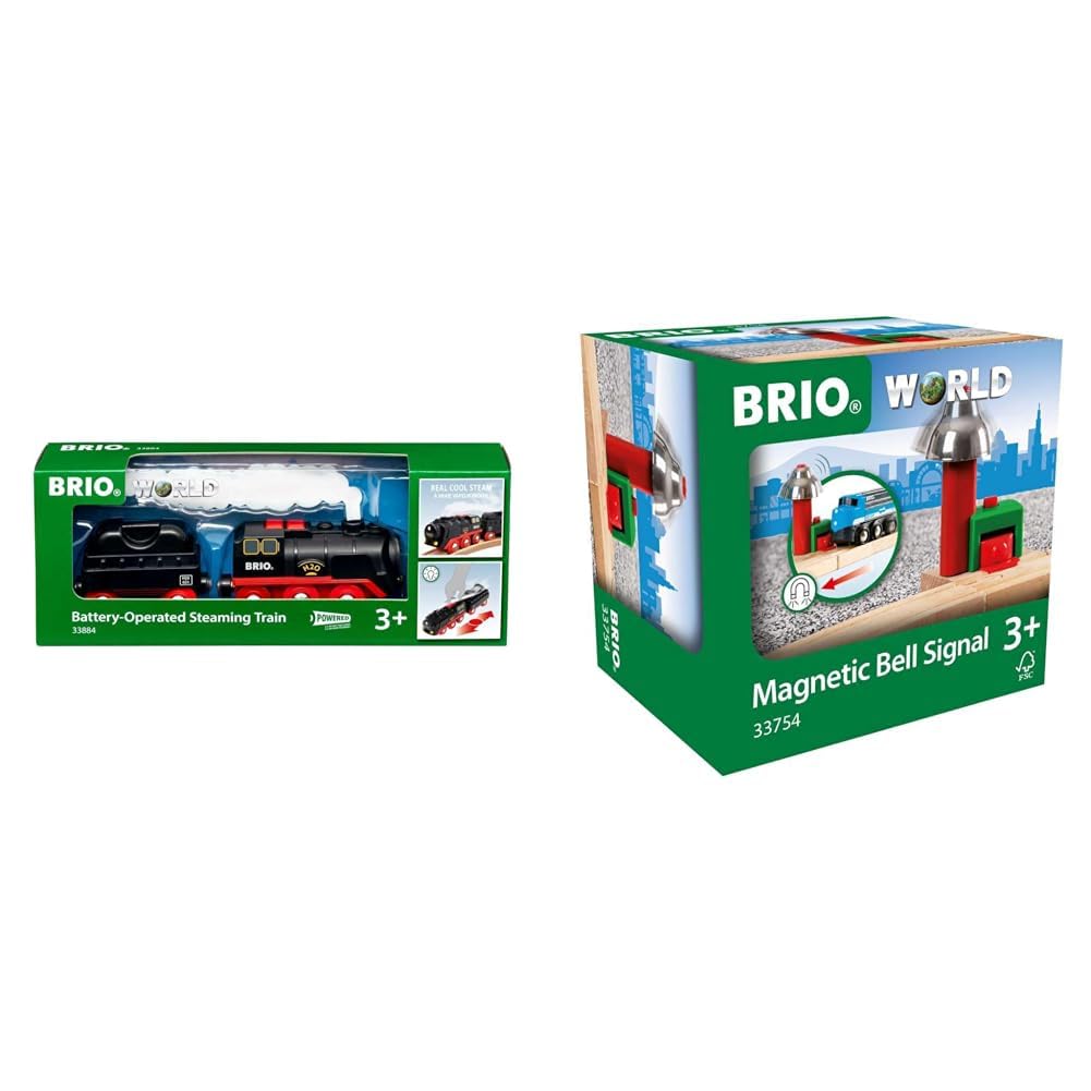 BRIO World 33884 Batterie-Dampflok mit Wassertank & World 33754 Magnetisches Glockensignal - Eisenbahnzubehör Holzeisenbahn - Kleinkinderspielzeug empfohlen für Kinder ab 3 Jahren