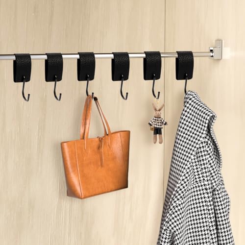 6 Stück S Haken Schwarz mit Lederschlaufe, Haken Zum Einhängen Haken Garderobenhaken Kleiderhaken Metallhaken für Garderobe Kleiderstange Stange Küche Badezimmer