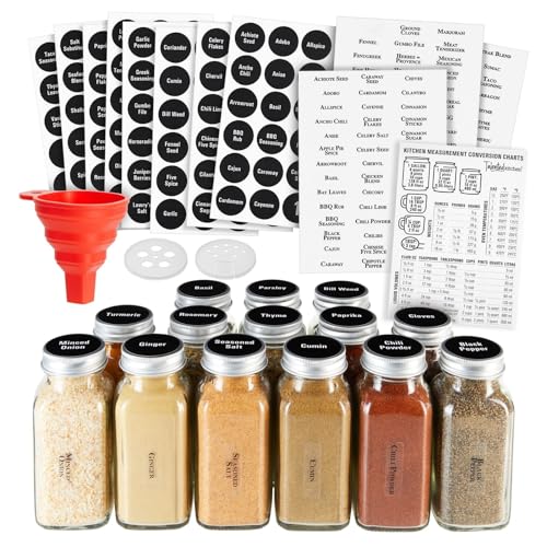 Talented Kitchen 14 Large Glass Spice Jars w/2 Types of Preprinted Spice Labels. Commercial Grade, Complete Set: 14 Square Empty Jars 6oz, Pour/Sift & Coarse Shakers, Airtight Cap, Chalk & Clear Label