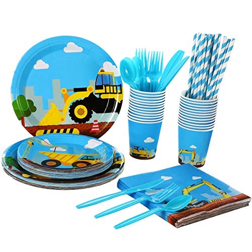 Construction Birthday Party Supplies Set – 193 pcs -Truck Birthday Party Decorations – Includes Dump Truck Party Plates, Cups, Straws, Napkins, Knives, Spoons, Forks