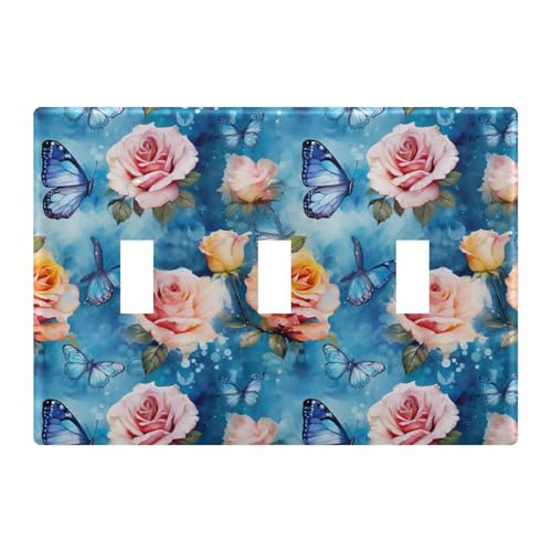 Light Switch Cover Blue Butterfly Pink Flower Wall Plates for Electrical Outlets 3 Gang 202b2586