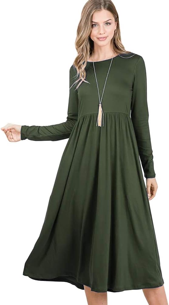 Women's Fall Midi Dress – Long Sleeve Pocket Blouson Style With Elastic Waist & Side Slits - View #13