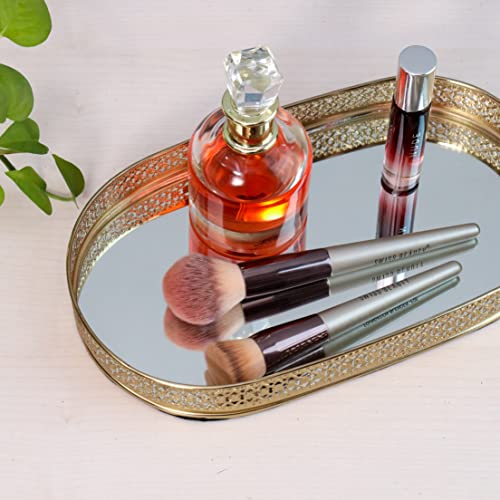 Image of Craft Brio -A TRENDY HANDICRAFTS Oval Glass Mirror Gold Plated Tray Decorative Vanity Perfume Storage Pooja Wedding Diwali Gifting Trays (28 X 16 cm)