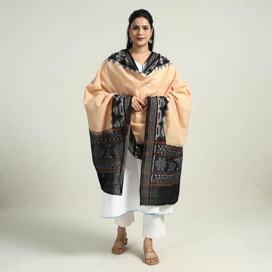 Image of Cotton Dupatta with weaving and Ikat woven border from the Weavers Stole for Girls & Women