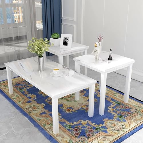 DKLGG Faux Marble Coffee Table Set of 3 Piece, Living Room Table Set Coffee Table & 2pcs End Table with Metal Frame Sofa Side Tables Perfect for Living Room Apartment Accent Furniture