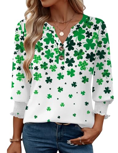 Rapbin Damen Bluse 3/4 Arm V-Ausschnitt Oberteile Knopfleiste Tunika Elegant Lässig Business Blusen Sommer Tops