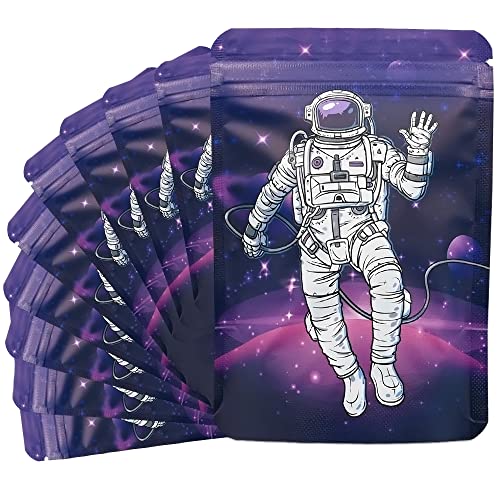 100pcs 9×12cm Purple Astronaut Stand up Mylar Bags,Resealable Smell Proof Cartoon Resealable Plastic Ziplock Pouches for Kitchen Storage, Jewellery and Sweets