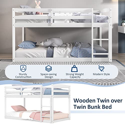 Giantex Twin Low Bunk Bed, Solid Wood Twin Over Twin Bunk Bed Frame With Full Guardrails & Integrated Ladder, Floor Twin Bunk Beds For Kids Boys And Girls, No Box Spring Needed, White #TOP5