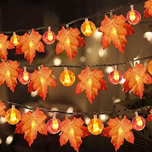 3 Pack Fall Decor Fall Garland with Pumpkin Lights & Enlarged Maple String Lights Halloween Pumpkin Decor, 30Ft 60LED Waterproof Battery Operated Thanksgiving Fall Decorations for Home Indoor Outdoor
