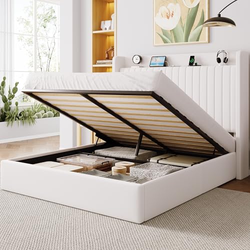 Image of Allewie Full Size Lift Up Storage Bed Frame,Storage Shelf Headboard with Charging Station,Type-C and USB Ports,Hydraulic Support,Velvet Upholstered Bed Frame,No Box Spring Needed,White