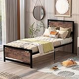 P PURLOVE Twin Platform Bed with Headboard and Footboard, Metal and Wood Bed Frame with Wood Slat...