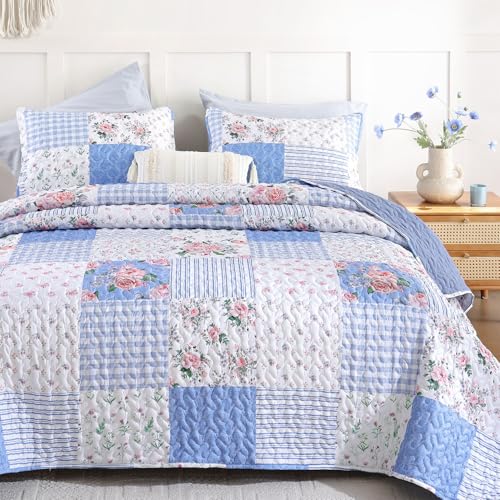 YIKUSH Quilt Sets Twin Size Floral Quilt Set 2 Pieces Bedding Set Bedspreads Blue Comforter Blanket with 1 Pillow Cases- Ultra Soft Floral Coverlet with Printed Pattern 66in.x 90in.
