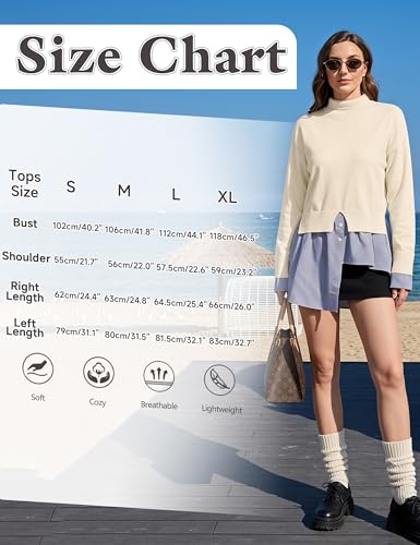 Image of Turtleneck Asymmetrical Sweaters for Women Patchwork 2 in 1 Pullover Knit Sweater Slit Button Down Shirt 2026 Fall