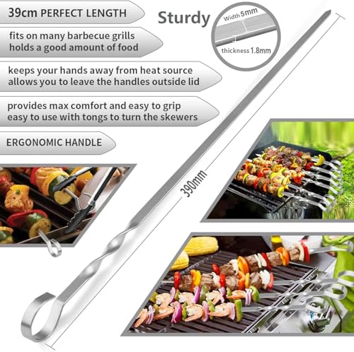 12 Stück Grillspieße, 39CM Grill Kabob Spieße Edelstahl Lange Spieße Schaschlikspieße Fleischspieße, für Lagerfeuer Oder Grillschale