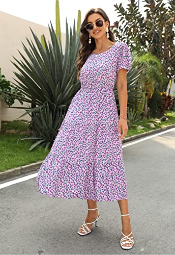 Image of NAVINS Womens Floral Print Modest Wedding Guest Midi Dress with Pockets | Puff sleeve tiered boho dress for summer, church, and vacations. Elastic waist, Below knee, hand or machine wash.