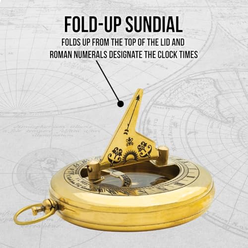Brújula de bronce con reloj de sol y estuche de madera miniatura 5