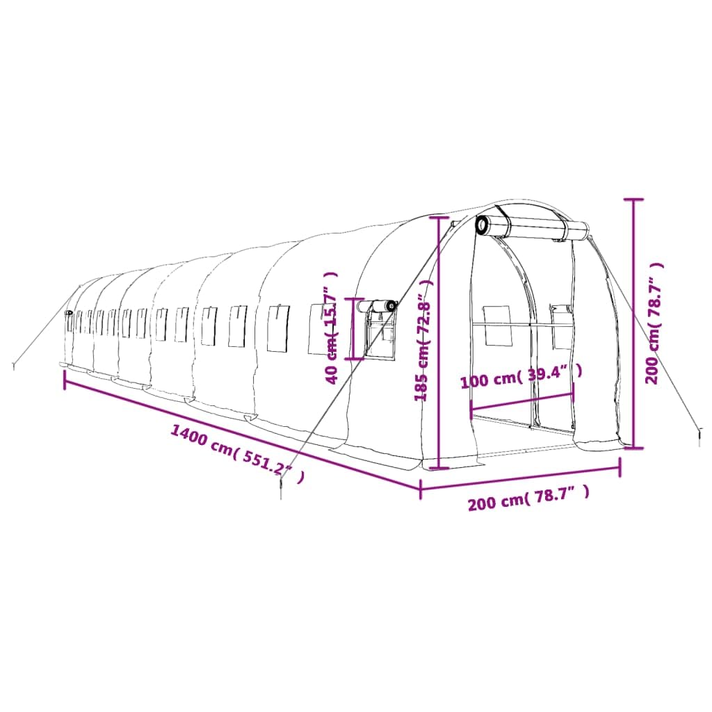Gewächshaus mit Stahlrahmen Weiß 28 m² 14x2x2 m für Hobbygarten, Pflanzenpflege, Gemüseanbau, Kräuter und Blumen, mit Belüftung, Fenster und robustem Schutz