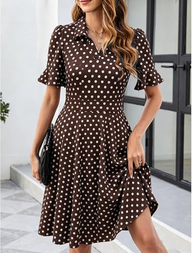 Image of Mokayee Womens Summer Ruffle Sleeve Collared V Neck Fit and Flare Elegant A line Swing Dresses with Pockets