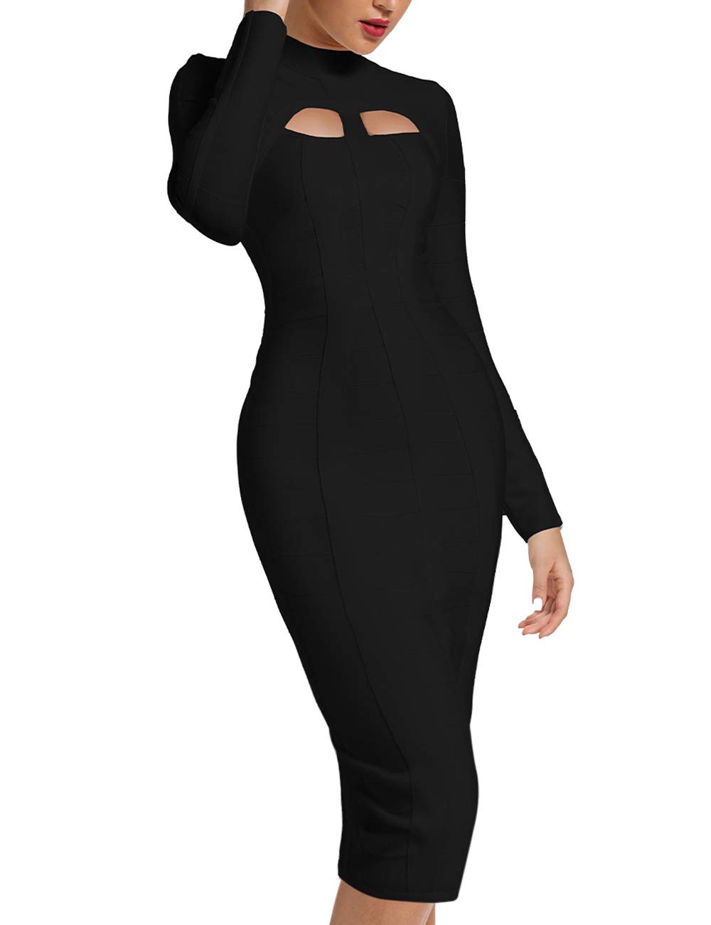 Whoinshop Abito da donna a maniche lunghe, con fascia per feste, abbigliamento da discoteca, midi