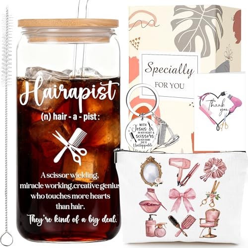 Shejdgart Hair Dresser Gifts for Women - Hair Stylist Gifts, Unique 16oz Glass Cup Makeup Bag Keychain Greeting Card Gift Set for Hairdressers Female, Christmas Birthday Gift Ideas for Hairstylist