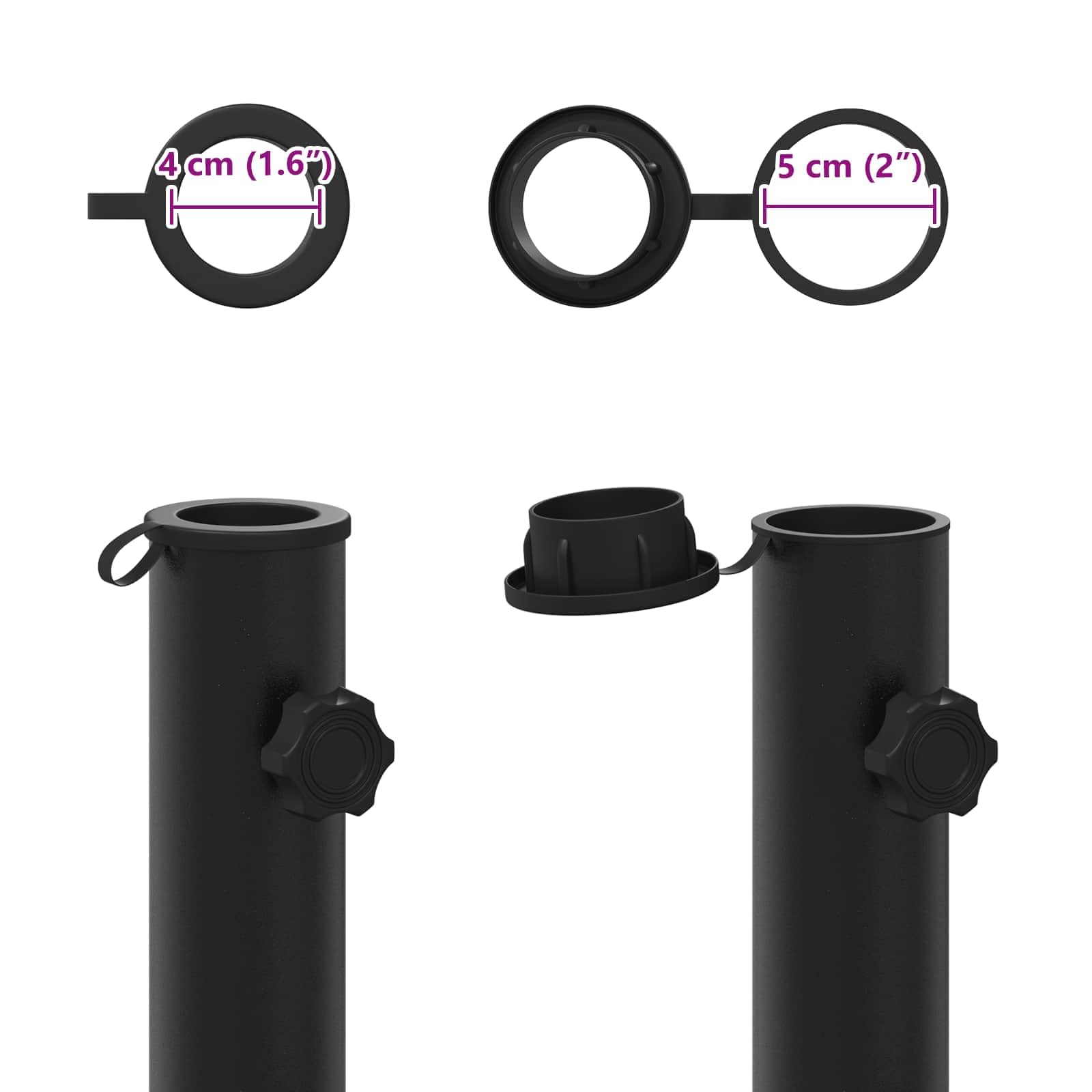 Tubo per ombrellone in ferro, 0,6 kg, nero, resistente alle intemperie, con adattatore per aste da 40-50 mm, viti incluse, ideale per balcone, terrazza, giardino e patio