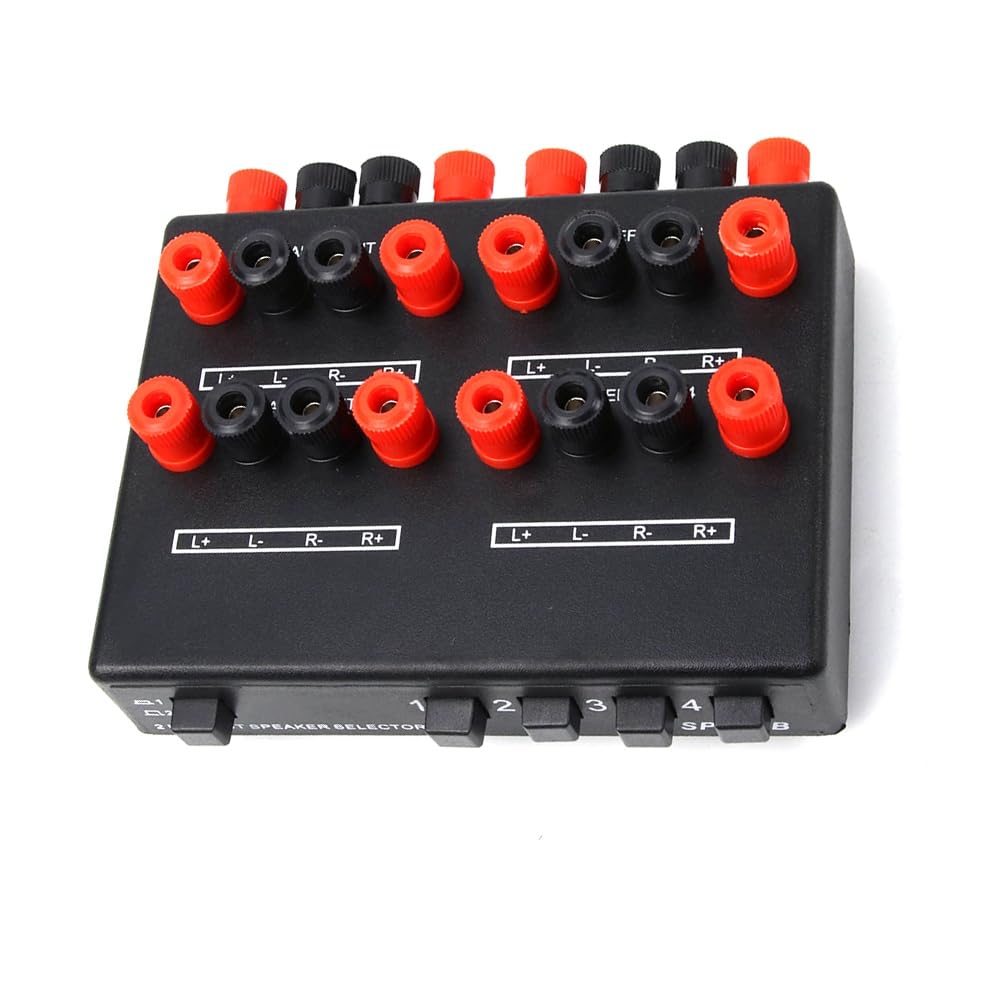 Mini 2-IN-4-OUT Stereo Audio Selettore Amplificatore Switcher Box Speaker Splitter SP-24B Altoparlante Selettore Box Durevole Facile da Usare