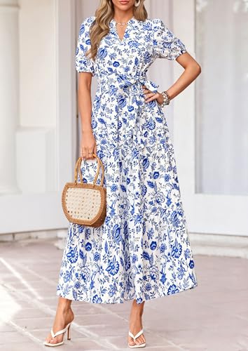 Image of PRETTYGARDEN Women's Summer Boho Floral Maxi Dresses | Bohemian Flower, Short Sleeve V Neck, Fit and Flare, A Line, Flowy Tiered, Belt Pocket, Wedding Guest, Beach Vacation Outfits