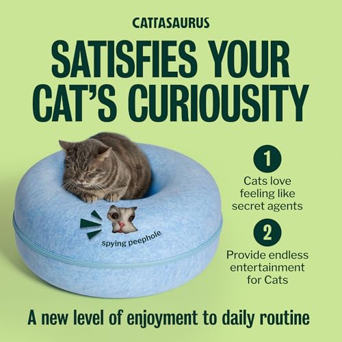 Image of Cattasaurus Peekaboo Cat Cave Donut for Multiple & Large Cats up to 30-45 lbs, 3-in-1 Self Warming Cat Bed, Tunnel & Scratcher for Indoor Cats, Washable & Detachable Small Dog Bed (Blue, Large)