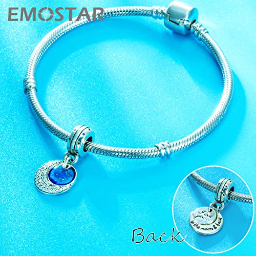 I Love You To The Moon And Back Pendant Charms, Fits Pandora Valentines Day Bracelet/Necklace, 925 Sterling Silver Blue Enamel Pave Cz Dangle Moon Beads, Gift For Christmas/My First Mothers Day #TOP2