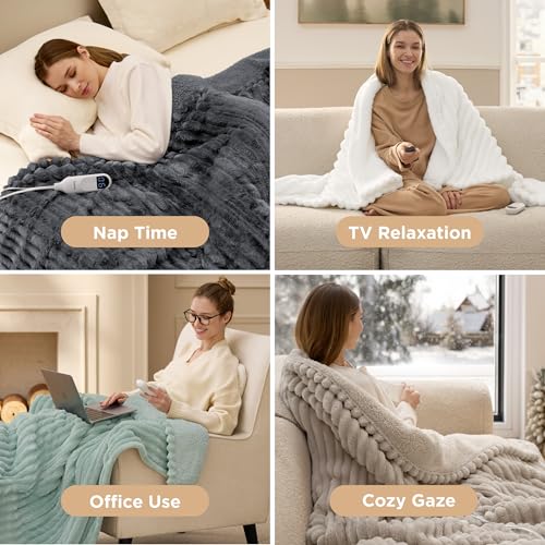 Image of Bedsure Electric Blanket Twin - Thick Striped Flannel Electric Blanket, Heating with 10 Time Settings, 6 Heat Settings, and 8-Hour Timer Auto Shut Off, Gift for Grandma (62x84 inches, Grey)