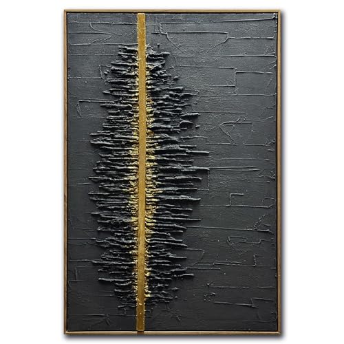 Boiee Art,24x36Inch Framed Hand Painted Abstract Artwork Textured Vertical Wall Art in Dark Charcoal Grey Gold Acrylic Painting
