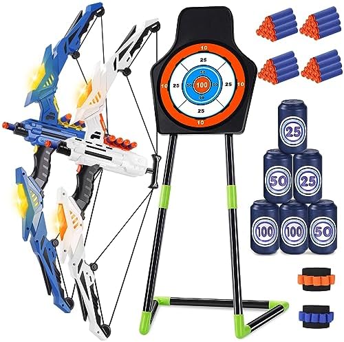 2-Pack Kids Bow and Arrow Sets -Boys LED Light Up Archery Toy Sets-2 Bows, 40 Suction Cup Arrows, Wrist Bands, Standing & Score Targets, Indoor & Outdoor Game Toddler Toys Gifts for Boys Girls Aged 4+