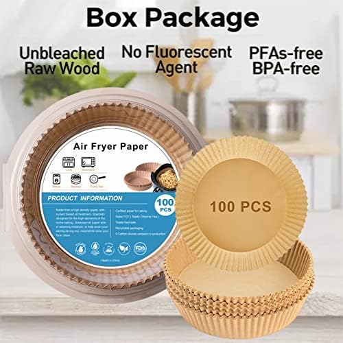 Air Fryer Disposable Paper Liner, 100 pcs Round Air Fryer Paper Liners, Natural Parchment Paper for Air Fryer, Non-Stick, Oil-Proof, Food Grade Paper Liner for Baking Roasting (Round-16CM-100PCS)