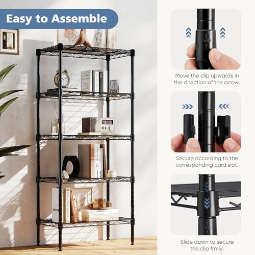 Image of DUMOS 5-Tier Metal Wire Storage Shelves, Adjustable Standing Storage Rack Shelf, Heavy Duty Steel Shelving Unit Organizers for Kitchen Bathroom Pantry Garage, 23.3 inch Wx13.4 Dx60 H, Black