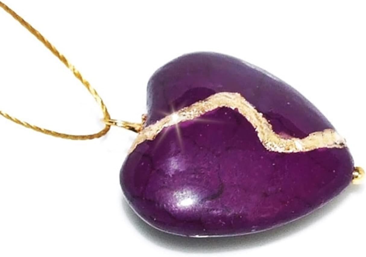 Large 1" Purple Howlite Broken Heart Mended with 23k Gold, Kintsugi Cord Necklace