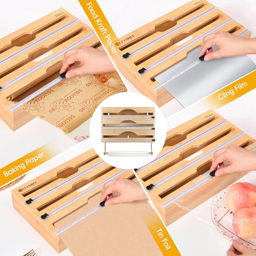 Bamboo 5-in-1 Cling Film & Tin Foil Dispenser with Kitchen Roll Holder & Hooks - 33cm Organiser Storage Cutter - Image 6