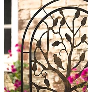 Plow Hearth Arched Metal Garden Trellis with Symbolic Tree of Life Design Weather Resistant Matte Black Powder Coat Finish and Burnished Bronze Highlights