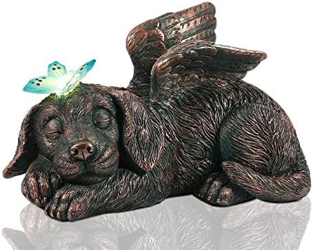 Goodeco Dog Angel with Glowing Butterfly Memorial Pet Statue Garden Decor,Sleeping Puppy Solar Light Ornament Pet Grave Marker Tribute Statue Memorial Ornament Gifts for Home,Patio,Yard Decor, Copper
