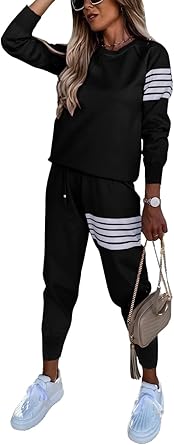 PRETTYGARDEN Women's 2022 Two Piece Striped Outfits Casual Long Sleeve Top and Sweatpants Matching Tracksuit Jogger Set