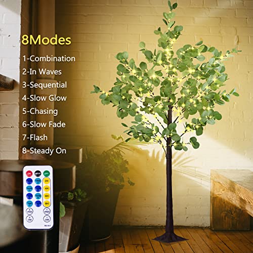 Remon 6Ft Lighted Artificial Eucalyptus Tree, 8 Flashing Dimmable Modes, 240Led Warm Lights Faux Tree With Remote Control Timer Plug In For Wedding Spring Easter Christmas Home Indoor Outdoor Decor #TOP2