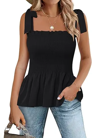 Micoson Ruffle Tank Tops for Women Summer Square Neck Sleeveless Tops Tie Shoulder Chiffon Blouse Babydoll Shirts