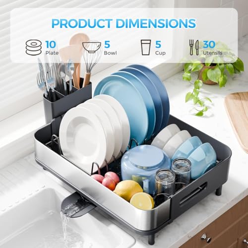 Image of Favria Dish Drying Rack - Space-Saving Dish Rack for Kitchen Counter, Anti Rust Kitchen Drying Rack, Compact Dish Drainer Organizer with Utensils Holder (47 x 32 x 16 cm) (Stainless Steel Grey)