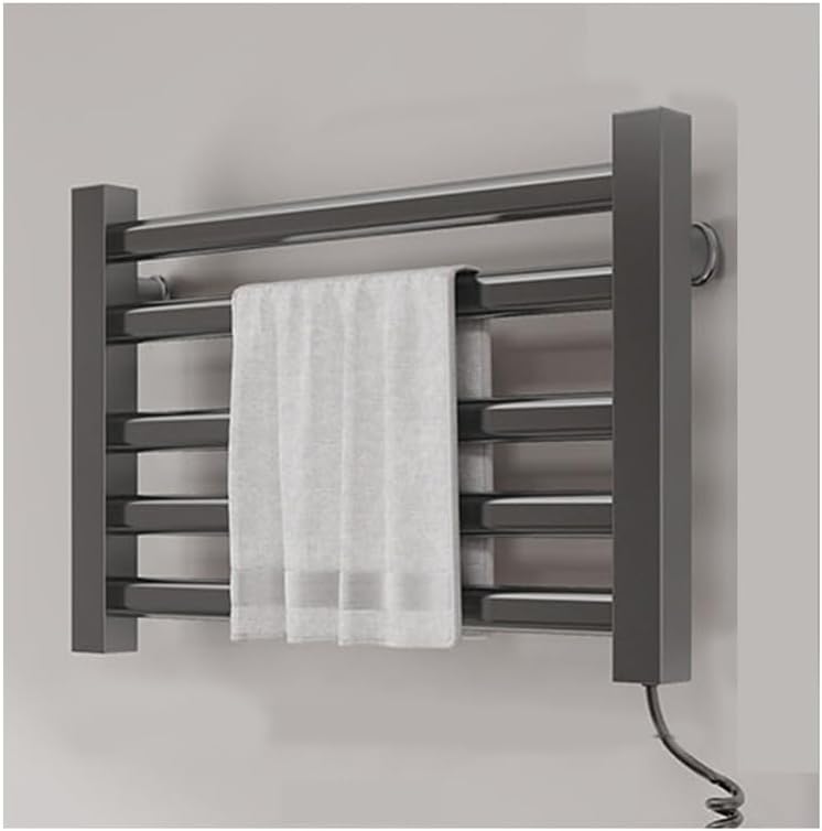 Electric Towel Warmer Rack, Wall-Mounted Heated Towel Dryer with 5 Bars & Hooks, Thermostatic Heating for Bathroom, Multifunctional Gray Towel Warmer Plug-in