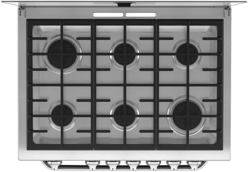 టాప్ view of the Mabe MA0C80400CI0 stove cooktop with six gas burners and cast iron grates