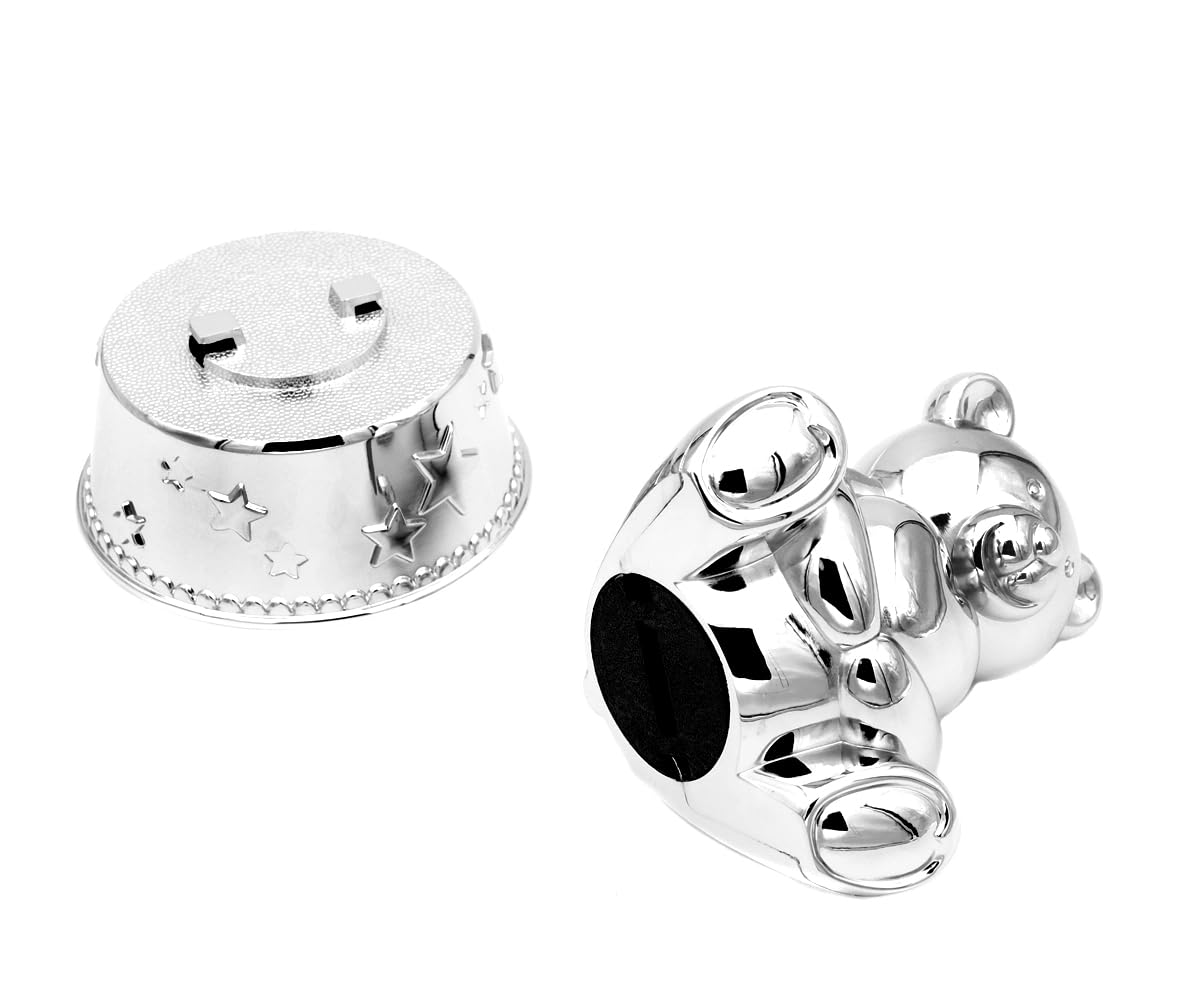 Design Kinder Spardose mit Spieluhr Bär Herz aus Metall versilbert Baby-Spieluhr Geschenk Taufe Einschlafhilfe Melodie La Vie en Rose (Gravur bis 25 Zeichen)